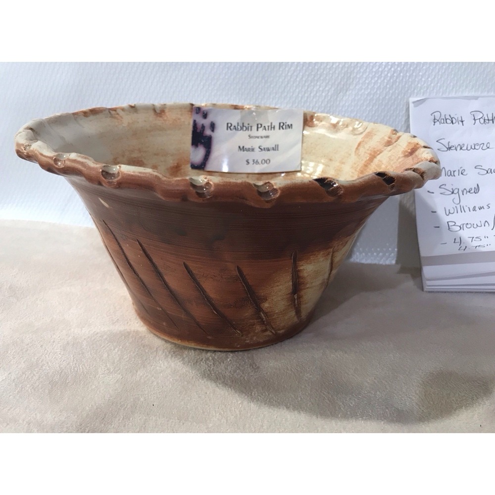 Marie Sawall Signed Rabbit Path Rim Stoneware Bowl Artisan Pottery Brown 9in
